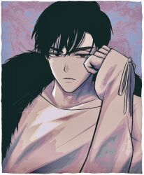  1boy absurdres alien_stage black_eyes black_hair closed_mouth commentary face_jewel fang fang_out feather_boa highres ivan_(alien_stage) kasa_kskm looking_at_viewer male_focus official_alternate_costume shirt short_hair sleeves_past_wrists solo thick_eyebrows very_short_hair white_shirt 