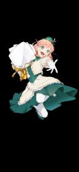  1girl 6th_live_dream_~bloom_garden_party~ :d black_background bouquet commentary_request flower_stand_art frilled_skirt frills full_body gloves green_eyes green_hat green_shoes green_skirt green_vest hana_sakeba_yume_kakeru hat highres hinoshita_kaho holding holding_bouquet jacket jumping looking_at_viewer love_live! love_live!_hasu_no_sora_jogakuin_school_idol_club love_live!_hasu_no_sora_jogakuin_school_idol_club_bloom_garden_party medium_hair open_clothes open_jacket open_mouth orange_hair pantyhose puffy_short_sleeves puffy_sleeves repurika shoes short-sleeved_jacket short_sleeves simple_background skirt smile solo under-elbow_gloves vest white_gloves white_jacket white_pantyhose white_skirt 