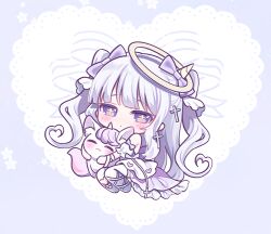  +_+ 1girl ame_usari animal animal_ears animal_hug blush bow cat_ears chibi closed_mouth commentary_request detached_sleeves doily dress full_body grey_background grey_hair hair_bow halo heart horns long_hair original puffy_short_sleeves puffy_sleeves purple_bow purple_dress short_sleeves single_horn solo star_(symbol) thigh-highs two_side_up unicorn very_long_hair violet_eyes white_sleeves white_thighhighs 
