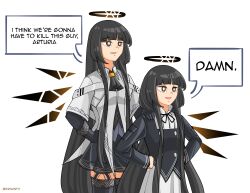  2girls absurdres age_difference aged_down arknights artist_name ascot black_ascot black_eyes black_gloves black_hair black_halo black_shirt black_thighhighs blunt_bangs bright_pupils child collared_shirt commentary cowboy_shot crystal_wings detached_wings dual_persona elbow_gloves english_commentary english_text gloves griwinth halo hand_on_another's_shoulder hand_on_own_hip hands_on_own_hips highres hime_cut i_think_we're_gonna_have_to_kill_this_guy_steven_(meme) long_hair meme mole mole_under_eye multiple_girls neck_ribbon open_mouth ribbon shirt sidelocks simple_background skirt speech_bubble standing straight_hair talking thigh-highs very_long_hair virtuosa_(arknights) virtuosa_(young)_(arknights) white_shirt white_skirt wings yellow_pupils 