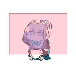  1girl apron arm_behind_head black_dress blonde_hair blue_archive blue_bow blue_eyes bow chibi commentary_request dress full_body grey_pantyhose halo hat hitbox jitome juliet_sleeves long_sleeves lowres maid maid_headdress mob_cap no_shoes nyaru_(nyaru_4126) pantyhose puffy_sleeves simple_background solo standing toki_(blue_archive) white_apron white_background white_hat 