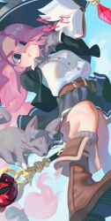  1girl absurdres animal_ear_fluff blue_sky book boots brown_boots cat commentary commission english_commentary gloss_(hotglossed) hat highres long_hair mage_staff original sky staff witch_hat 