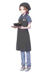  1girl apron bowl brown_eyes brown_hair employee_uniform food fujisawa_takashi full_body head_scarf highres original solo tray uniform white_background 