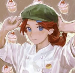  1girl absurdres brown_background buttons cherry closed_mouth commentary cupcake double-breasted english_commentary food fruit green_hat hand_on_headwear hat highres jacket lara_(sayonara_lara) portrait red_hair sayonara_lara shirt solipsist solo white_jacket white_shirt 