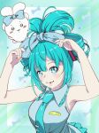  aqua_eyes aqua_hair armpits blue_bow bow cinnamiku cinnamoroll collar double_bun ear_bow fang frilled_collar frills hair_bow hair_bun hair_rings hatsune_miku highres necktie sanrio sleeveless smile tied_ears twintails updo vocaloid yozora 