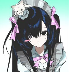  1girl :< aqua_background black_eyes black_hair blush_stickers bow bowtie chinese_commentary commentary_request creature creature_on_head frilled_hairband frills gradient_background grey_eyes guigui_rongrong hair_bow hair_over_one_eye hairband hat heterochromia highres light_frown long_hair looking_at_viewer maid maid_headdress mini_hat mole mole_under_eye original parted_bangs pink_bow pink_bowtie portrait shirt single_blush_sticker solo sweatdrop two-tone_background two_side_up white_background white_shirt 