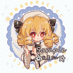  1girl black_bow bow chinese_commentary coffee_mug commentary_request cup doily dress drill_hair fairy_wings hair_between_eyes hat holding holding_cup long_hair long_sleeves looking_at_viewer luna_child moon_phases mug red_eyes sample_watermark solo striped_background suelement touhou watermark white_background white_dress white_hat wide_sleeves wings 