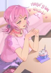  1girl absurdres bell birthday candle choker cupcake doki_doki_literature_club elbows_on_table english_text food happy_birthday heart highres huffiestrikes natsuki_(doki_doki_literature_club) neck_bell open_mouth pink_choker pink_eyes pink_hair pink_shirt shirt sitting smile solo table 