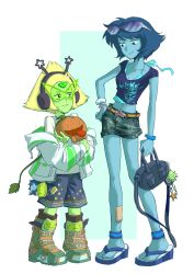  2girls absurdres alternate_costume bag black_bag black_eyes blonde_hair blue_shirt blue_shorts blue_skin boots bracelet character_charm charm_(object) colored_skin crop_top denim denim_shorts eyewear_on_head flip-flops forehead_jewel green_skin halterneck hand_on_own_hip headphones highres holding holding_bag jacket jewelry lapis_lazuli_(steven_universe) multiple_girls peridot_(steven_universe) print_shirt pumpkin pumpkin_(steven_universe) sandals shirt short_hair shorts star_(symbol) steven_universe white_jacket white_shirt yuzhousuliaokuaier 