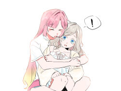 ! 2girls anyoji_hime anyoji_hime_(summer_loungewear) blonde_hair blue_eyes bow ceras_yanagida_lilienfeld ceras_yanagida_lilienfeld_(summer_loungewear) commentary crying crying_with_eyes_open derivative_work dress dress_bow frilled_dress frills gradient_hair grey_hair hair_ribbon highres hug hug_from_behind jacket long_sleeves love_live! love_live!_hasu_no_sora_jogakuin_school_idol_club multicolored_hair multiple_girls open_clothes open_jacket open_mouth pink_hair pink_ribbon pink_shorts ribbon shirt shorts sleeveless sleeveless_dress smile spaghetti_strap speech_bubble spoken_exclamation_mark t-shirt tears virtual_youtuber watercap white_dress white_jacket white_shirt yuri 