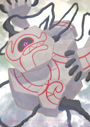  black_sclera colored_sclera commentary_request ghost gunknown looking_at_viewer no_humans one-eyed pokemon pokemon_(creature) pokemon_focus rock runerigus violet_eyes 