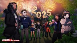  2025 3girls 4boys absurdres balloon black_coat black_pants blue_eyes blue_skirt blunt_ends blunt_sidelocks blush braid brown_hair coat collared_shirt cup curtained_hair desmond_hall diana_venicia dreadlocks earrings eloise_taulner fireworks flower flower_on_head fur_coat grass hair_flower hair_ornament highres holding holding_balloon holding_cup jacket jean_delamer jett_dawson jewelry kai_monteago_(project:_eden's_garden) leaf logo long_hair low_twin_braids multiple_boys multiple_girls muscular muscular_male nifast_(greentail) orange_thighhighs orange_vest outdoors pants parted_bangs pendant pink_hair project:_eden's_garden red_eyes shirt shoes sidelocks skirt sweater tako0mari thigh-highs tree turtleneck twin_braids ulysses_wilhelm v vest waiter wenona_(project:_eden's_garden) white_shirt 
