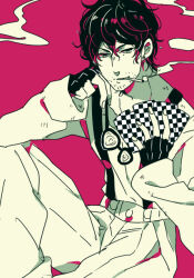  1boy beard beard_stubble card d.gray-man earrings facial_hair fingerless_gloves frown glasses gloves hair_between_eyes half-closed_eyes holding holding_card holding_removed_eyewear iyo_(kurumiwarin) jewelry long_sleeves looking_at_card looking_at_object male_focus mature_male messy_hair mole mole_under_eye monochrome on_floor pants parted_lips pink_background playing_card shirt short_hair sidelocks simple_background sitting smoke smoking solo stubble stud_earrings suspender_pants suspenders tyki_mikk unworn_eyewear upper_body wavy_hair wide_sleeves 