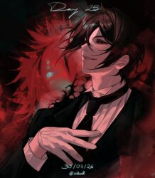  1boy 2026 absurdres black_hair black_jacket black_necktie butler collared_shirt dated dress_shirt gloves hair_between_eyes hand_on_own_chest highres jacket kuroshitsuji male_focus necktie parted_lips red_eyes sebastian_michaelis sh8ark shirt short_hair slit_pupils smile solo suit_jacket twitter_username white_gloves white_shirt 