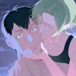  1boy 1girl annie_leonhart bertolt_hoover black_hair black_tank_top blonde_hair blue_background cancan654321 crying face_hold hair_bun hetero highres kiss kissing_cheek long_hair looking_at_viewer low-tied_long_hair no_shirt portrait shingeki_no_kyojin short_hair sweat tank_top waves 