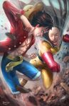  2boys absurdres bald black_hair blue_shorts crossover fighting gloves hat highres monkey_d._luffy multiple_boys nopeys one-punch_man one_piece open_mouth red_gloves saitama_(one-punch_man) shorts smile straw_hat 