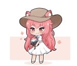  1girl animal animal_ear_fluff animal_ears arknights bangs blush brown_headwear chibi closed_mouth clothed_animal collared_dress colored_shadow commission dress ears_through_headwear flower full_body gravel_(arknights) holding holding_animal kurotofu long_hair looking_at_viewer pink_background pink_hair puffy_short_sleeves puffy_sleeves red_eyes second-party_source shadow shoes short_eyebrows short_sleeves smile solo standing thick_eyebrows two-tone_background very_long_hair white_background white_dress white_flower white_footwear 