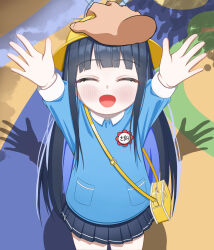  >:) 1girl absurdres aged_down arms_up bag black_skirt blue_archive blue_shirt blush closed_eyes colored_inner_hair commentary_request flower_pin from_above grey_halo halo happy hat headpat highres kindergarten_bag kindergarten_uniform korean_commentary long_hair long_sleeves multicolored_hair name_tag open_mouth pleated_skirt plum_blossom_garden_uniform_(blue_archive) saori_(blue_archive) school_hat senkuma777 shadow shirt skirt solo standing two-tone_hair v-shaped_eyebrows yellow_bag yellow_hat 