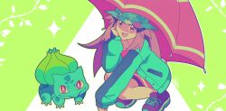  1girl absurdres brown_eyes brown_hair bucket_hat bulbasaur buttons camouflage camouflage_hat coat commentary_request green_coat green_hat green_jacket hat highres inglebard jacket leaf_(pokemon) leaf_(sygna_suit)_(pokemon) long_hair long_sleeves official_alternate_costume open_clothes open_jacket parasol pink_shirt pokemon pokemon_(creature) pokemon_masters_ex shirt shoes smile sneakers squatting umbrella 