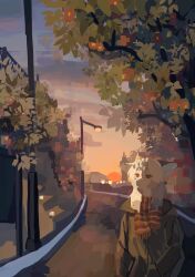  1girl absurdres animal_ears blonde_hair brown_jacket fox_ears fox_girl furry furry_female highres jacket lamppost light_smile ndfrskr no_lineart orange_scarf original outdoors red_eyes road scarf sky solo stairs sunset tree yellow_fur 