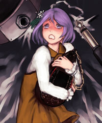  1girl audio_jack biwa_lute brown_dress d: dress envenomist_(gengoroumaru) highres hugging_object instrument lute_(instrument) one-hour_drawing_challenge purple_hair raised_inner_eyebrows scared shirt solo touhou tsukumo_benben white_shirt 