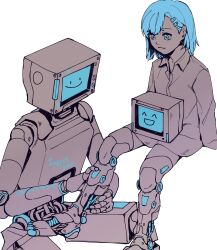  1girl 1other blue_eyes blue_hair body_writing bodypaint closed_mouth collared_dress cytus cytus_ii dress hair_ornament hairclip highres humanoid_robot invisible_chair joints long_sleeves mechanical_legs monitor monitor_head monochrome nora_(cytus) repairing robo_head_(cytus) robot robot_joints short_hair simple_background sitting smile spot_color uyrdc_so white_background 