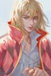  1boy blonde_hair blue_eyes closed_mouth earrings eyelashes gem green_gemstone hair_between_eyes howl_(howl_no_ugoku_shiro) howl_no_ugoku_shiro jewelry male_focus necklace patterned patterned_clothing ring solo upper_body zero_q_0q 