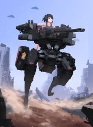  1girl absurdres aircraft autocannon black_hair blue_sky cannon cityscape cqcnorthfish desert dust_cloud gloves headphones highres mecha muzzle_device original piloting pouch robot ruins short_hair sky smile smoke_grenade_launcher tank_top walking 