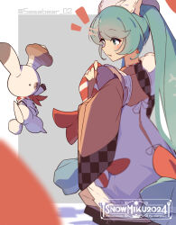  1girl :d anniversary apron blush border bright_pupils brown_kimono character_name checkered_clothes checkered_kimono commentary_request green_eyes green_hair grey_background hatsune_miku highres japanese_clothes kimono long_hair long_sleeves looking_at_animal notice_lines open_mouth outside_border rabbit_yukine simple_background smile solo swept_bangs tetenka twintails very_long_hair vocaloid white_apron white_border white_pupils wide_sleeves yuki_miku yuki_miku_(2024) 