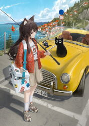  1girl animal animal_ear_fluff animal_ears belt black_cat blue_sky blush brown_belt brown_shoes brown_shorts car cardigan cat clothes_writing clouds commentary_request convertible crew_neck day dead_animal ebiri_fy fish fishing_rod full_body highres hill holding holding_fishing_rod long_hair looking_at_animal motor_vehicle ocean open_cardigan open_clothes original outdoors print_shirt red_cardigan road road_sign scenery shirt shoes shore shorts sign sky sneakers socks solo standing straight_hair t-shirt tackle_box town very_long_hair white_shirt white_socks yellow_car 
