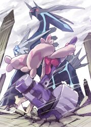  crack cracked_floor dialga glowing glowing_eyes hammer highres no_humans pillar planted pokemon pokemon_(creature) pokemon_focus shigurio tinkaton wind 