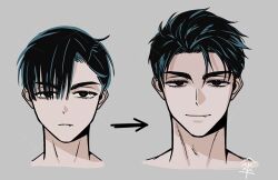  1boy alien_stage arrow_(symbol) black_hair closed_mouth commentary evolution grey_background ivan_(alien_stage) kasa_kskm light_frown light_smile multiple_views red_pupils short_hair signature thick_eyebrows very_short_hair 