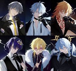  6+boys alternate_costume antenna_hair artist_name aventurine_(honkai:_star_rail) between_fingers black_choker black_gloves black_jacket black_necktie black_vest blonde_hair blue_eyes blue_hair blue_necktie body_markings braid buttons caelus_(honkai:_star_rail) choker cigarette closed_mouth collarbone collared_shirt crossed_bangs dr._ratio_(honkai:_star_rail) earclip earrings english_commentary eyeshadow facial_mark feather_earrings feathered_wings feathers fire formal_clothes fur-trimmed_jacket fur_trim gloves gold_earrings grey_hair grey_shirt hair_between_eyes hair_ornament hair_tubes halo halo_behind_head hand_up hands_up head_wings highres holding holding_cigarette holding_lighter honkai:_star_rail honkai_(series) jacket jewelry lapels laurel_crown lighter long_sleeves looking_at_viewer looking_to_the_side makeup male_focus medium_hair multiple_boys mydei_(honkai:_star_rail) necktie open_clothes open_jacket open_mouth orange_eyes orange_hair phainon_(honkai:_star_rail) piercing pink-tinted_eyewear purple_hair red_eyes red_eyeshadow shirt short_hair side_braid sidelocks single_braid single_earring single_hair_tube smile smoke smoking star_(sky) starry_sky_background suit suit_jacket sunday_(honkai:_star_rail) sunglasses teeth tinted_eyewear trailblazer_(honkai:_star_rail) upper_body vest wavy_hair white_shirt wing_piercing wings xnoahru yellow-framed_eyewear yellow_eyes yellow_necktie yellow_pupils 