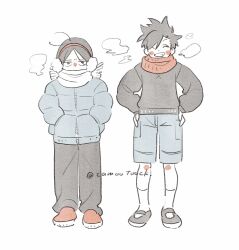 aged_down black_hair black_pants black_shoes black_sweater blue_jacket blush_stickers breath brown_eyes child commentary_request covered_mouth down_jacket earmuffs grin haikyuu!! hands_in_pockets highres jacket jitome kozume_kenma kuroo_tetsurou long_sleeves pants parted_bangs red_scarf red_shoes scarf shoes short_hair side-by-side smile socks spiky_hair standing sweater tamoto_(loretta) teeth twitter_username very_short_hair white_background white_scarf white_socks winter_clothes 