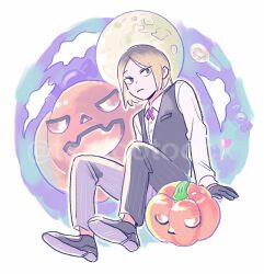  1boy black_pants black_shoes black_vest brown_eyes candy closed_mouth clouds commentary food formal_clothes frown full_moon gradient_hair haikyuu!! hair_behind_ear halloween highres invisible_chair jack-o'-lantern kozume_kenma lollipop long_sleeves looking_to_the_side male_focus moon multicolored_hair neck_ribbon pants parted_bangs plant_roots ribbon shoes sideways_glance sitting solo suit_pants tamoto_(loretta) untranslatable_commentary vest white_background wing_collar 