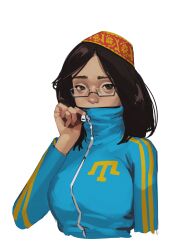  1girl andrew_y breasts brown_eyes brown_hair covering_own_mouth crimean_flag crimean_tatar embarrassed embroidery expressionless fez_hat glasses gym_uniform hat highres long_hair original rectangular_eyewear semi-rimless_eyewear shefika_(usergore) simple_background solo sportswear ukraine under-rim_eyewear white_background zipper 