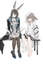  2girls absurdres amiya_(arknights) amiya_(medic)_(arknights) animal_ears ankle_ring arknights barefoot black_jacket blue_collar blue_eyes blue_shoes brown_hair clothes_writing collar dress floppy_ears hair_between_eyes hierda_(arknights) highres hood hood_up hooded_dress invisible_chair izaru_31 jacket jewelry multicolored_hair multiple_girls multiple_rings neck_ring official_alternate_costume open_clothes open_jacket ponytail rabbit_ears rabbit_girl red_streaks ring shoes simple_background sitting smile streaked_hair white_background white_dress 