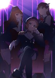  3girls a-rise absurdres black_boots boots commentary_request confident couch crossed_legs flat_cap green_eyes hair_ornament hat highres inazuma_(elect_line) insignia kira_tsubasa long_hair looking_at_viewer love_live! love_live!_school_idol_project multiple_girls on_couch orange_hair red_hair shocking_party short_hair sitting todo_erena violet_eyes yuki_anju 