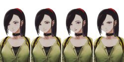  1girl annoyed backpack bag black_choker black_gloves black_hair black_shirt blush breasts cardigan casual choker closed_mouth collarbone commentary_request contemporary dragon_quest dragon_quest_xi ear_piercing eyelashes gloves green_cardigan hair_ornament hair_scrunchie highres jun_(navigavi) lips long_hair looking_at_viewer looking_to_the_side lower_teeth_only martina_(dq11) medium_breasts multiple_views nose open_mouth partially_unbuttoned piercing ponytail red_scrunchie scrunchie shirt simple_background smile teeth upper_body violet_eyes white_background yellow_bag 