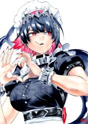 1girl black_hair breasts candy colored_inner_hair ellen_joe fins fish_tail food food_in_mouth from_below hair_ornament hairband hands_up heart heart_hands highres large_breasts large_tail lollipop lollipop_in_mouth looking_to_the_side maid maid_headdress metal_hairband mole mole_on_arm mole_under_eye multicolored_hair nail_polish open_mouth razor_blade_hair_ornament red_eyes red_hair red_nails shark_girl shark_tail sharp_teeth shimotsuki_shio short_hair simple_background solo spiked_headband tail teeth two-tone_hair upper_body white_background zenless_zone_zero 