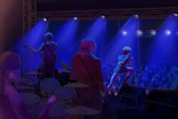  1girl 3boys audience beanie black_hat black_pants blonde_hair brown_hair cherry_(cytus) crop_top cytus cytus_ii dreadlocks drum drum_set drumsticks from_behind fur-trimmed_jacket fur_trim guitar hat hat_over_eyes highres holding holding_drumsticks instrument jacket joe_(cytus) kai_(cytus) long_hair long_sleeves meatbun_(_meatbun) microphone_stand multiple_boys pants playing_guitar playing_instrument red_jacket shirt short_hair shorts simon_jackson singing sleeveless sleeveless_shirt stage stage_lights white_shirt 