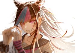  1girl absurdres asymmetrical_legwear black_hair black_scrunchie blue_streaks commentary_request danganronpa_(series) danganronpa_2:_goodbye_despair ear_piercing face_piercing gloves hair_horns highres index_fingers_together jewelry light_blush lip_piercing long_hair magimagi_256 mioda_ibuki mismatched_legwear mouth_piercing multicolored_hair multiple_girls multiple_piercings neckerchief piercing pink_eyes pink_hair pink_neckerchief pink_streaks sailor_collar scene_fashion school_uniform scrunchie sequential_piercings serafuku shirt short_sleeves simple_background solo streaked_hair striped_clothes striped_gloves thigh-highs white_background white_hair white_streaks wrist_scrunchie 