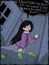  1girl alcohol bottle brown_jacket commentary doorknob drunk english_commentary english_text hand_on_doorknob highres holding holding_bottle house jacket locked_outside mari_(faraway)_(omori) mari_(omori) nrdeluxe omori speech_bubble squeans 