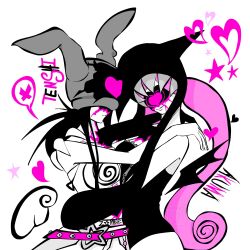  2girls alien_stage animal_ear_headwear animal_ears beanie belt black_hair black_hat black_wings commentary curled_ends demon_wings detached_wings earflap_beanie hat hat_over_eyes heart highres hug long_hair mizi_(alien_stage) mizi_(zombie_stage) multiple_girls official_alternate_costume pink_belt pink_hair rabbit_ear_headwear rabbit_ears romaji_commentary romaji_text spiral_print spoken_x star_(symbol) sua_(alien_stage) sua_(zombie_stage) very_long_hair white_wings wings zombie_stage zsbgaspar 