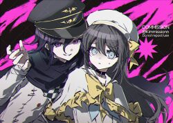  1boy 1girl beret black_choker blue_eyes bow buttons cape capelet capelet_bow checkered_bandana choker chromatic_aberration commission danganronpa_(series) danganronpa_v3:_killing_harmony dot_nose double-parted_bangs frilled_capelet frills hair_between_eyes hair_ornament hairclip hand_up hat hat_bow highres jacket kimmissionn leaning_on_person long_hair long_sleeves looking_at_viewer oc_x_canon oma_kokichi original parallel_hairclips parted_lips peaked_cap purple_cape purple_hair scared short_hair simple_background straitjacket sweatdrop violet_eyes watermark watermark_grid white_capelet white_jacket x_hair_ornament yellow_bow 