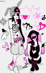  2girls absurdres alien_stage angel_wings animal_ear_headwear asymmetrical_legwear beanie belt black_boots black_dress boots camisole commentary crosshair demon_wings dress earflap_beanie grey_socks hat heart highres kiueno_i knees_up mismatched_legwear mismatched_socks mizi_(alien_stage) mizi_(zombie_stage) multiple_girls official_alternate_costume pink_belt pink_socks polka_dot polka_dot_socks rabbit_ear_headwear romaji_commentary romaji_text shorts single_wing sitting socks spiral_print standing star_(symbol) strapless strapless_dress sua_(alien_stage) sua_(zombie_stage) tongue tongue_out violet_eyes winged_heart wings zipper_dress zombie_stage 