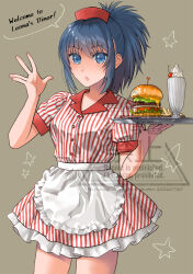  1girl apron blue_eyes blue_hair cherry dress fast_food food fruit glass hat highres leona_heidern looking_at_viewer milkshake open_mouth ponytail red_hat sakura_mafumi solo speech_bubble striped_clothes striped_dress the_king_of_fighters tray waving whipped_cream white_apron 