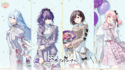  1other 25-ji_nightcord_de._(project_sekai) 3girls :d above-cleavage_cutout akiyama_mizuki artist_name asahina_mafuyu balloon basket black_bow black_ribbon blue_background blue_eyes blue_hair bob_cut bouquet bow braid breasts brooch brown_eyes brown_hair brown_shrug closed_mouth clothing_cutout collared_dress collared_shrug column_lineup commentary_request company_name copyright_notice cowboy_shot cropped_jacket dot_nose double-parted_bangs dress drill_hair drill_ponytail drill_sidelocks empty_eyes english_text expressionless floating_hair floral_print floral_print_dress floral_print_jacket flower frilled_sleeves frills grey_dress grey_jacket group_name guest_art hair_between_eyes hair_over_shoulder hair_ribbon half_updo hand_on_own_arm high_ponytail high_side_ponytail highres holding holding_balloon holding_basket holding_bouquet inverted_bob jacket jewelry juliet_sleeves key key_hair_ornament key_necklace lapels large_breasts light_blush lineup long_hair long_hair_between_eyes long_sidelocks long_sleeves looking_at_viewer multicolored_eyes multiple_girls necklace notched_lapels official_alternate_costume official_alternate_hair_ornament official_art open_clothes open_jacket open_mouth pink_dress pink_eyes pink_flower pink_hair pink_ribbon ponytail print_dress project_sekai puffy_sleeves purple_flower purple_hair purple_jacket purple_ribbon purple_skirt ribbon second-party_source shinonome_ena shirt short_braid shrug_(clothing) side_braid side_ponytail sidelocks single_braid skirt sleeve_bow sleeve_ribbon small_breasts smile split_mouth standing swept_bangs turtleneck turtleneck_shirt two-tone_eyes ugonba_(howatoro) very_long_hair violet_eyes wavy_hair wavy_sidelocks white_flower white_jacket white_shirt white_skirt yoisaki_kanade 