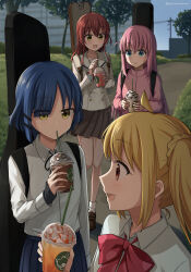  4girls absurdres ahoge blonde_hair blue_eyes blue_hair blush bocchi_the_rock! cube_hair_ornament cup day disposable_cup drink drinking_straw drinking_straw_in_mouth gotoh_hitori hair_ornament hairclip highres holding holding_cup holding_drink ijichi_nijika jacket kessoku_band kita_ikuyo long_hair long_sleeves mole mole_under_eye multiple_girls one_side_up outdoors pink_hair pink_jacket red_hair school_uniform setu_kurokawa shimokitazawa_high_school_uniform shirt short_hair shuka_high_school_uniform side_ponytail skirt standing track_jacket tree white_shirt yamada_ryo yellow_eyes 