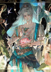  1boy 3girls absurdres aegyo_sal aqua_gem aqua_sash armlet bird black_background blue_eyes bracer buddhism chinese_commentary closed_mouth collarbone commission cowboy_shot curtained_hair dachutaiduoxigaiteng dunhuang_style earrings expressionless flower forehead_jewel gem glint gold_armlet gold_earrings halo halo_behind_head highres holding holding_flower hoop_earrings jewelry karana_mudra light_particles lips long_hair looking_at_viewer lotus lotus_leaf male_focus mini_person minigirl mudra multiple_girls necklace open_clothes open_hand open_robe original out_of_frame parted_bangs pearl_necklace pink_flower robe sash short_sleeves shoulder_sash solo_focus standing swallow_(bird) veil waist_sash white_hair white_robe white_veil xiao_guan_(headdress) 